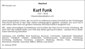Traueranzeige von Kurt Funk von  Gießener Anzeiger