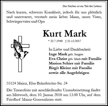 Traueranzeige von Kurt Mark von Trauerportal Rhein Main Presse