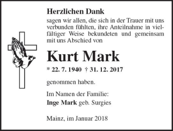Traueranzeige von Kurt Mark von Trauerportal Rhein Main Presse