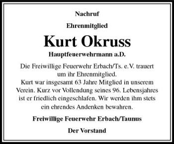 Traueranzeige von Kurt Okruss von  Camberger Anzeiger