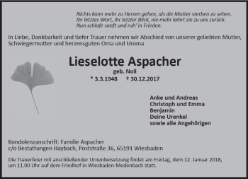 Traueranzeige von Lieselotte Aspacher von Trauerportal Rhein Main Presse