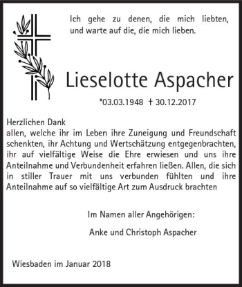 Traueranzeige von Lieselotte Aspacher von Trauerportal Rhein Main Presse