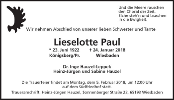 Traueranzeige von Lieselotte Paul von Trauerportal Rhein Main Presse