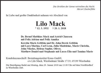 Traueranzeige von Lilo Mack von Trauerportal Rhein Main Presse