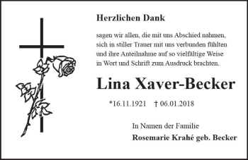 Traueranzeige von Lina Xaver-Becker von Trauerportal Rhein Main Presse