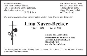 Traueranzeige von Lina Xaver-Becker von Trauerportal Rhein Main Presse