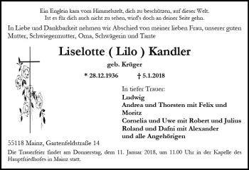 Traueranzeige von Liselotte Kandler von Trauerportal Rhein Main Presse