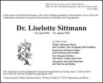 Traueranzeige von Liselotte Sittmann von Trauerportal Rhein Main Presse