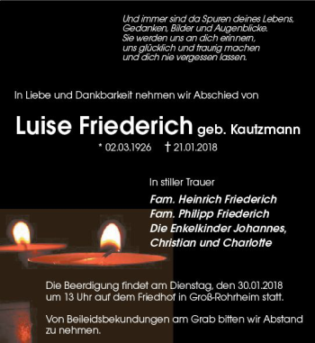 Traueranzeige von Luise Friederich von Trauerportal Rhein Main Presse