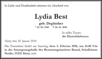 Traueranzeige von Lydia Best von Trauerportal Rhein Main Presse