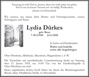 Traueranzeige von Lydia Dürkes von Trauerportal Rhein Main Presse