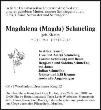 Traueranzeige von Magdalena Schmeling von Trauerportal Rhein Main Presse