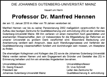 Traueranzeige von Manfred Hennen von Trauerportal Rhein Main Presse
