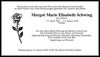 Traueranzeige von Margot Marie Elisabeth Schwing von  Gießener Anzeiger