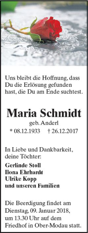 Traueranzeige von Maria Schmidt von Trauerportal Rhein Main Presse