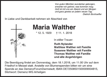 Traueranzeige von Maria Walther von Trauerportal Rhein Main Presse