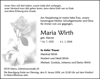 Traueranzeige von Maria Wirth von Trauerportal Rhein Main Presse