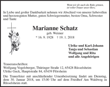 Traueranzeige von Marianne Schatz von Trauerportal Rhein Main Presse