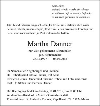 Traueranzeige von Martha Danner von Trauerportal Rhein Main Presse