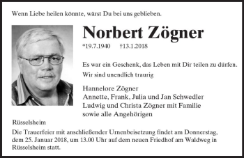 Traueranzeige von Norbert Zögner von Trauerportal Rhein Main Presse