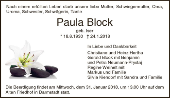Traueranzeige von Paula Block von Trauerportal Rhein Main Presse
