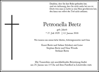 Traueranzeige von Petronella Bretz von Trauerportal Rhein Main Presse