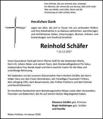 Traueranzeige von Reinhold Schäfer von Trauerportal Rhein Main Presse