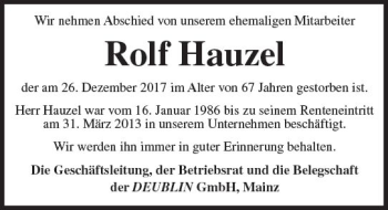Traueranzeige von Rolf Hauzel von Trauerportal Rhein Main Presse