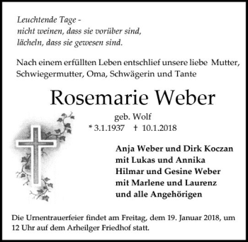 Traueranzeige von Rosemarie Weber von Trauerportal Rhein Main Presse