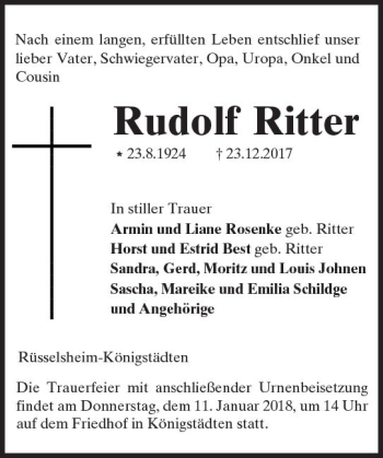 Traueranzeige von Rudolf Ritter von Trauerportal Rhein Main Presse