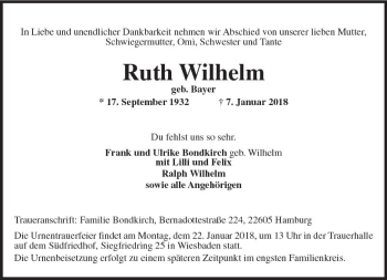 Traueranzeige von Ruth Wilhelm von Trauerportal Rhein Main Presse