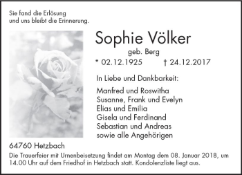 Traueranzeige von Sophie Völker von Trauerportal Rhein Main Presse