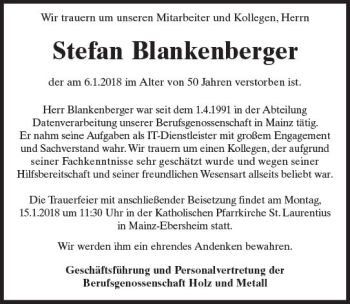 Traueranzeige von Stefan Blankenberger von Trauerportal Rhein Main Presse