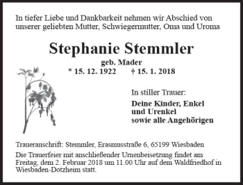 Traueranzeige von Stephanie Stemmler von Trauerportal Rhein Main Presse