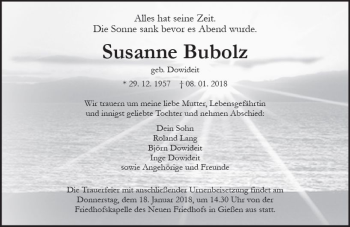 Traueranzeige von Susanne Bubolz von  Gießener Anzeiger
