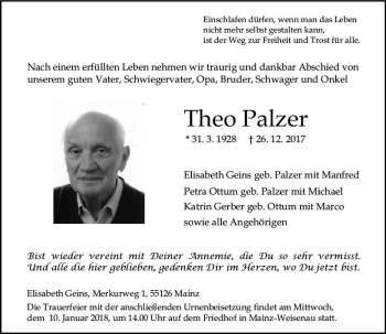 Traueranzeige von Theo Palzer von Trauerportal Rhein Main Presse