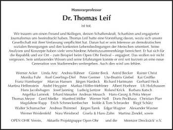 Traueranzeige von Thomas Leif von Trauerportal Rhein Main Presse