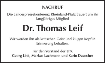 Traueranzeige von Thomas Leif von Trauerportal Rhein Main Presse