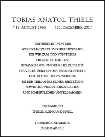 Traueranzeige von Tobias Anatol Thiele von Trauerportal Rhein Main Presse