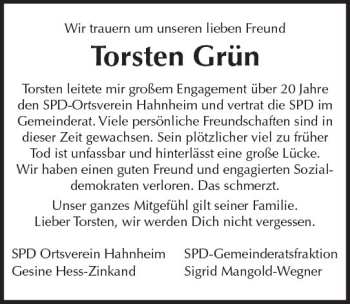 Traueranzeige von Torsten Grün von Trauerportal Rhein Main Presse
