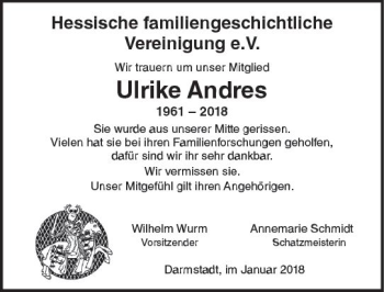 Traueranzeige von Ulrike Andres von Trauerportal Rhein Main Presse