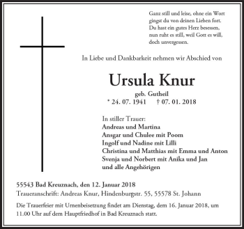 Traueranzeige von Ursula Knur von Trauerportal Rhein Main Presse