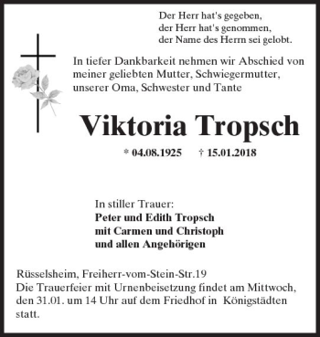Traueranzeige von Viktoria Tropsch von Trauerportal Rhein Main Presse