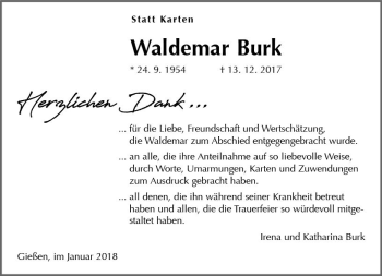 Traueranzeige von Waldemar Burk von  Gießener Anzeiger