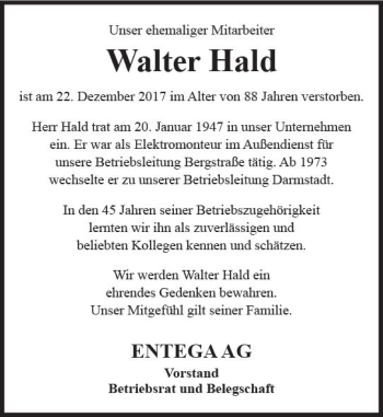 Traueranzeige von Walter Hald von Trauerportal Rhein Main Presse