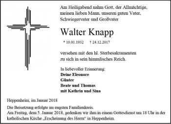 Traueranzeige von Walter Knapp von Trauerportal Rhein Main Presse