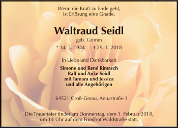 Traueranzeige von Waltraud Seidl von Trauerportal Rhein Main Presse
