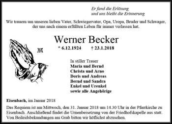 Traueranzeige von Werner Becker von  Camberger Anzeiger