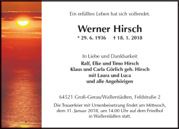 Traueranzeige von Werner Hirsch von Trauerportal Rhein Main Presse