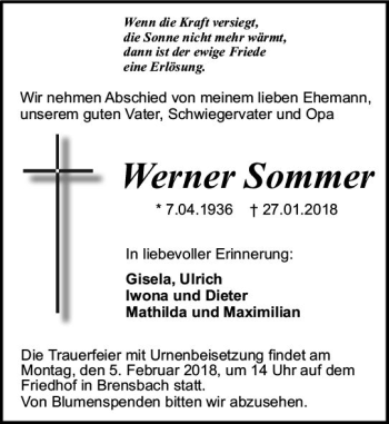Traueranzeige von Werner Sommer von Trauerportal Rhein Main Presse
